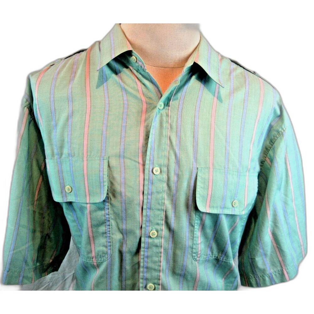 Womens Southern Classics Green Stripe SS Cotton Casual Shirt w Epaulets sz XL
